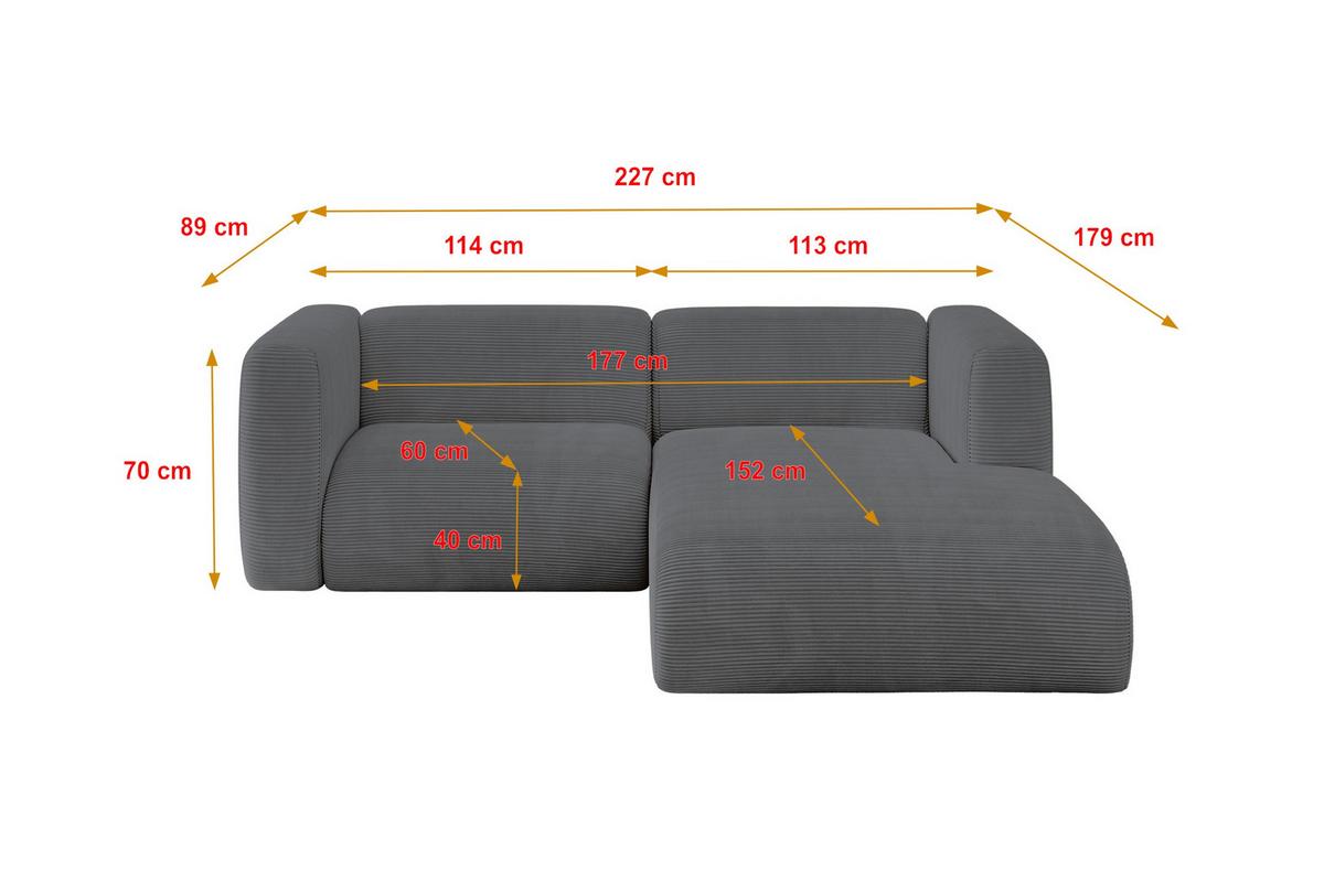 ECKSOFA Ottomane Rechts MIRA-L1 227x179x89 Dunkelgrau Cord - Dunkelgrau/Graphitfarben, Holzwerkstoff/Kunststoff (227/179cm) - ALTDECOR
