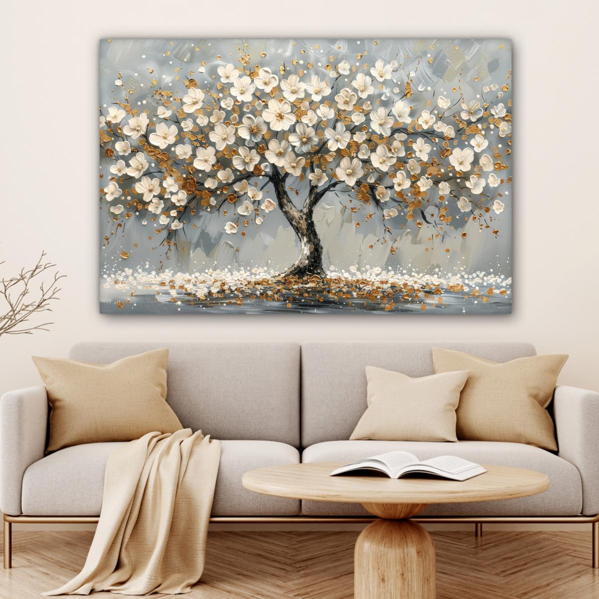 LEINWANDBILD Baum - Blumen - Weiß - Natur - Kunst Groß 140x90 cm - Weiß, Textil (140/90cm) - MuchoWow
