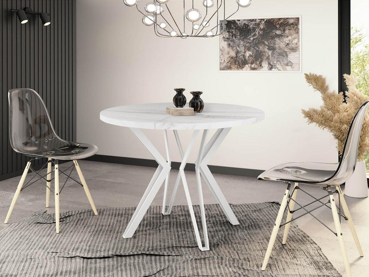 ESSTISCH Austin runder ausziehbarer, Marmor Weiß 100-180/100/76 cm - Ecru/Weiß, Holzwerkstoff/Metall (100/180/76cm) - WFL GROUP