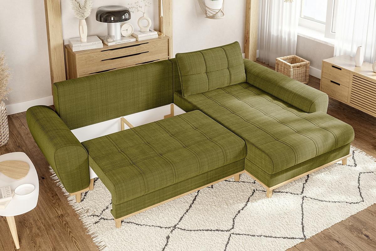 ECKSOFA im Scandi-Stil, Schlaffunktion, Bettkasten B268/T175/H86 cm, Ottomane rechts, Liegefl. 128x209 cm, Bouclé Chenille Stoff in Grün / 21015 - Eichefarben/Grün, Holz/Textil (268/175cm) - luma-home
