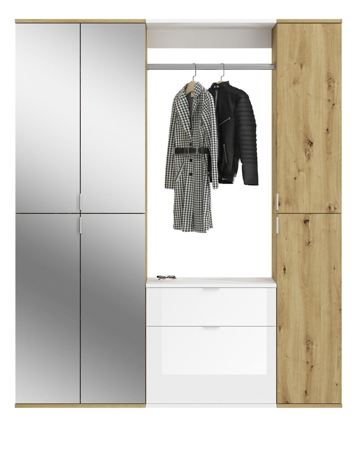 GARDEROBEN-SET Eiche, weiß Hochglanz 152 cm, Komplettset mit viel Stauraum - Chromfarben/Weiß Hochglanz, Glas/Holzwerkstoff (152/193/34cm) - Inn.Furn
