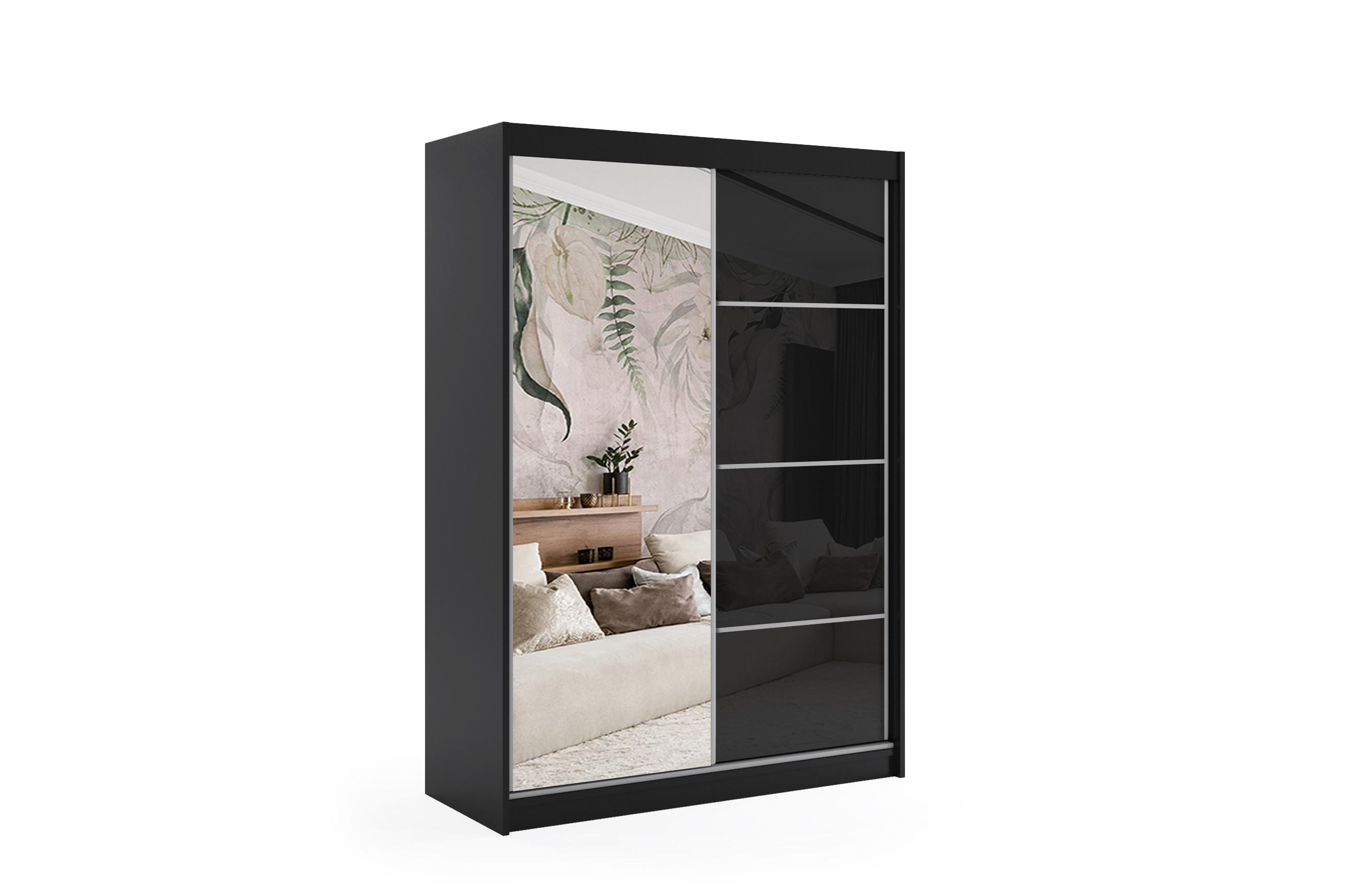 KLEIDERSCHRANK mit Spiegel-Schiebetüren und Aluminium-Leisten, LED-Beleuchtung - VIVONA - 150 cm Schwarz - Schwarz, Holzwerkstoff (150/216/61cm) - ALTDECOR