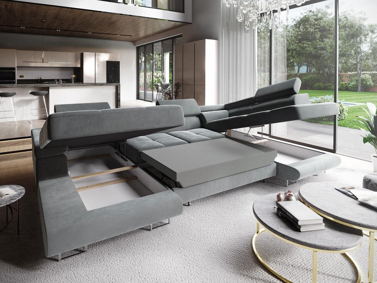 WOHNLANDSCHAFT CASONE R-S Grau Velours-Stoff mit Schlaffunktion - Silberfarben/Grau, Holz/Textil (345/90/202cm) - MASSENO
