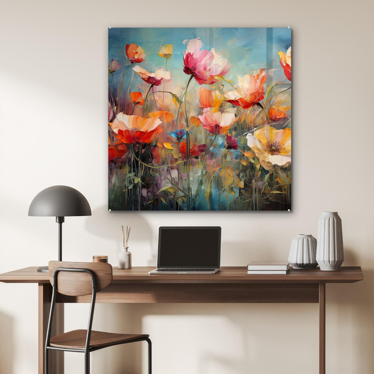 ACRYLGLASBILD Blumen - Aquarell - Kunst - Botanisch - Natur 90x90 cm - Orange, Glas (90/90cm) - MuchoWow