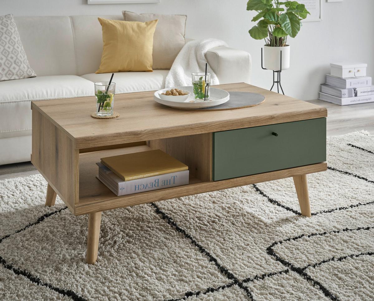 COUCHTISCH Salbei grün, Eiche Evoke, skandinavisch 107 x 67 cm, Wohnzimmertisch mit Stauraum - Salbeigrün/Eichefarben, Holz/Holzwerkstoff (107/67/46cm) - Furn.Design