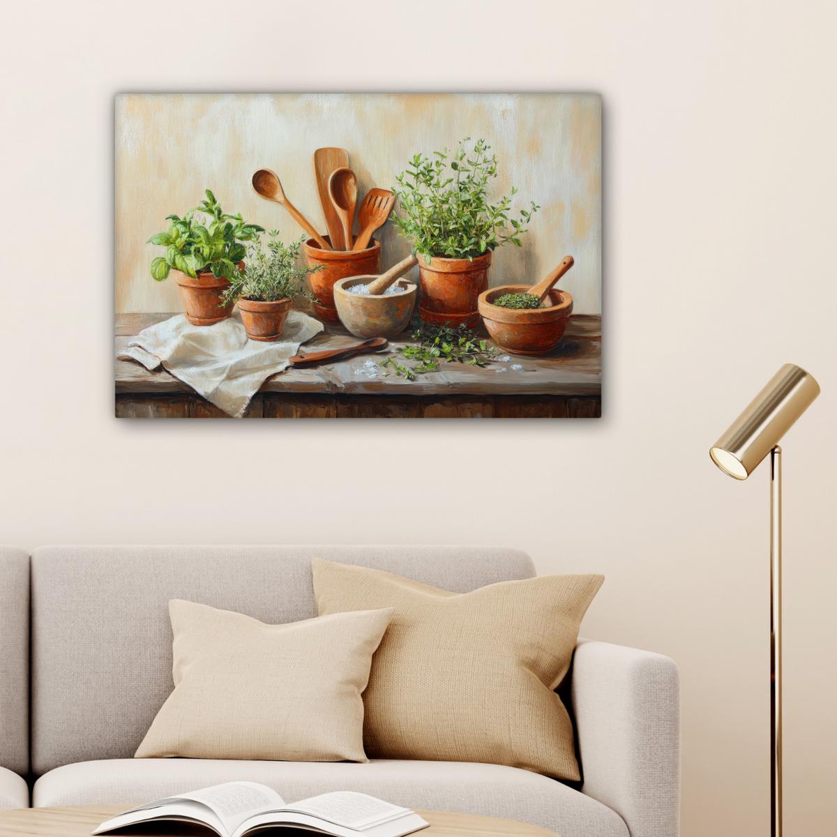 LEINWANDBILD Töpfe - Kräuter - Holz Wanddeko 90x60 cm - Terracotta, Textil (90/60cm) - MuchoWow