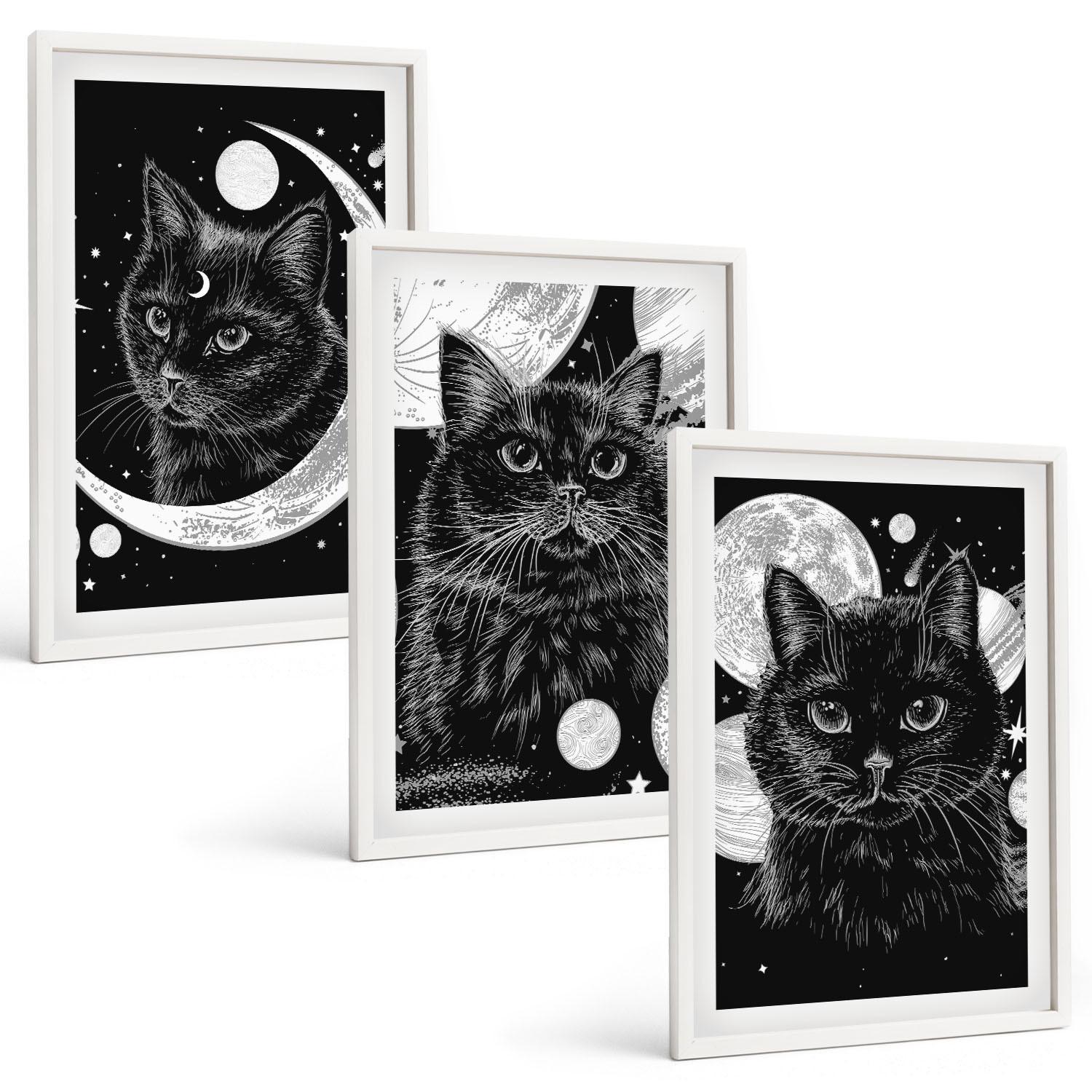 BILDER SET 3er Set - 40x60 cm Weißer Rahmen - Schwarze Katzen, Mond, Weltraum - Weiß, Kunststoff (40/60cm) - TULUP