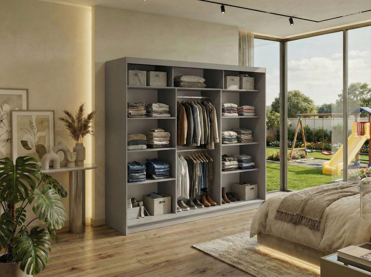 SCHWEBETÜRENSCHRANK 240 - DUBROWNIK - Grau mit Spiegel - Alufarben/Grau, Holzwerkstoff/Metall (240/216/61cm) - MKS
