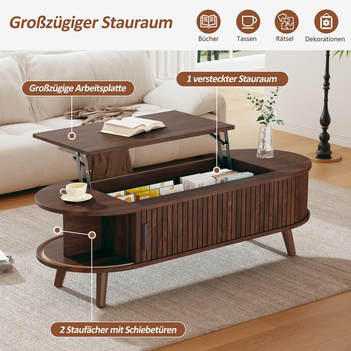 COUCHTISCH Walnuss Anhebbar mit Verstecktem Stauraum & Rolltür - Walnussfarben, Holzwerkstoff (50/120/39.5cm) - Urban Meuble