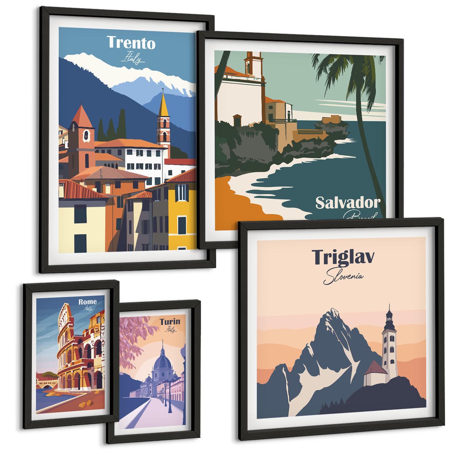 BILDER SET 5er Set - 50x50 cm & 20x30 cm & 40x60 cm Schwarzer Rahmen - Blicke auf berühmte Orte am Meer - Schwarz, Kunststoff (40/60cm) - TULUP