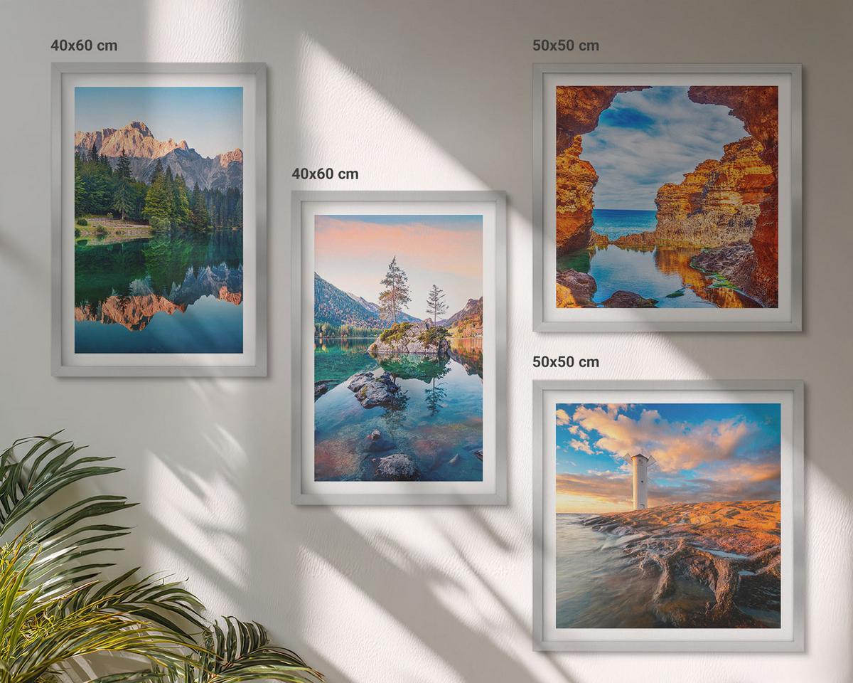 BILDER SET 4er Set - 50x50 cm & 40x60 cm Silberner Rahmen - Spiegelung der Felsen in Bergseen - Silberfarben, Kunststoff (50/50cm) - TULUP