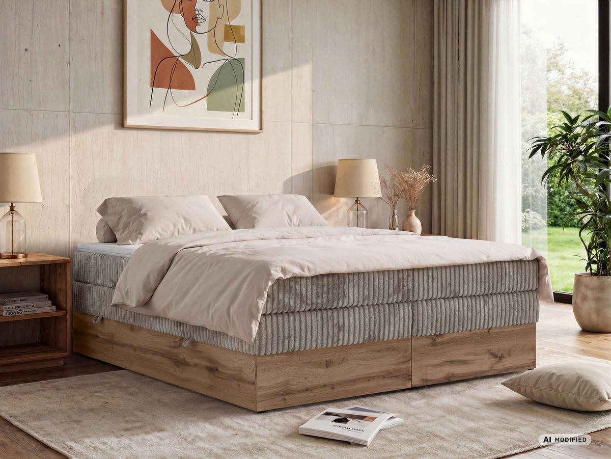 BOXSPRINGBETT WOOD ZERO KING 180/200 - Hellbraun Cord - Topper T25 - H3 - Hellbraun/Schwarz, Kunststoff/Textil (180/200cm) - MKS