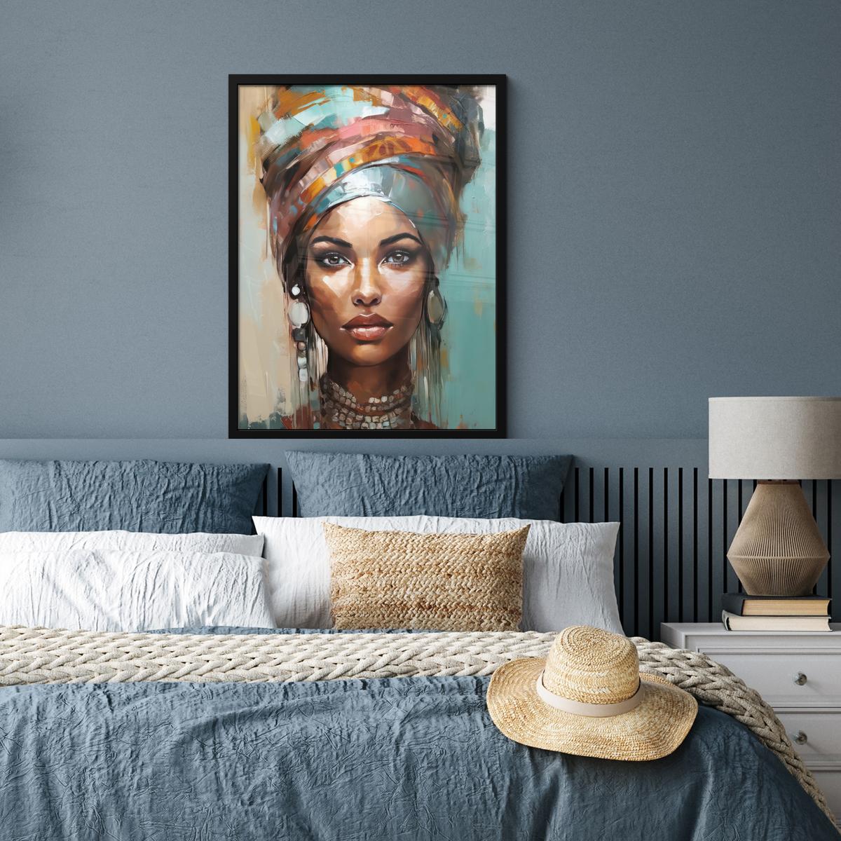 POSTER MIT RAHMEN Frau - Kunst - Schmuck - Porträt Posterleiste 60x80 cm - Blaugrau, Papier (60/80cm) - MuchoWow