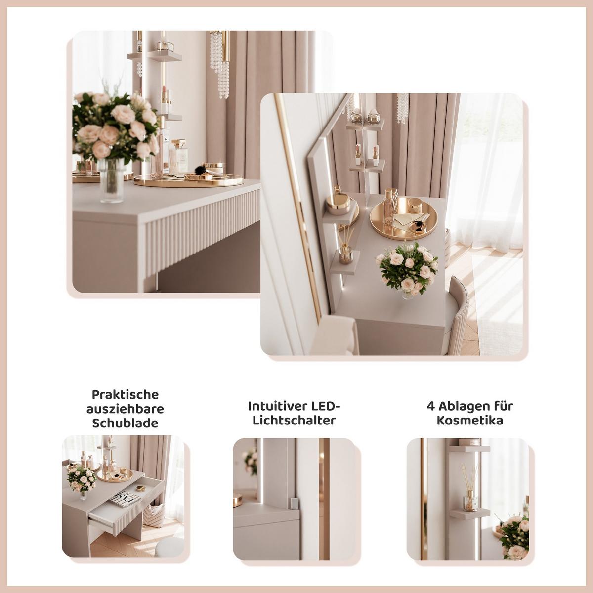 SCHMINKTISCH ELENA mit Spiegel & LED-Beleuchtung, Kaschmir - Kaschmir, Holzwerkstoff (80/136/40cm) - Idohome