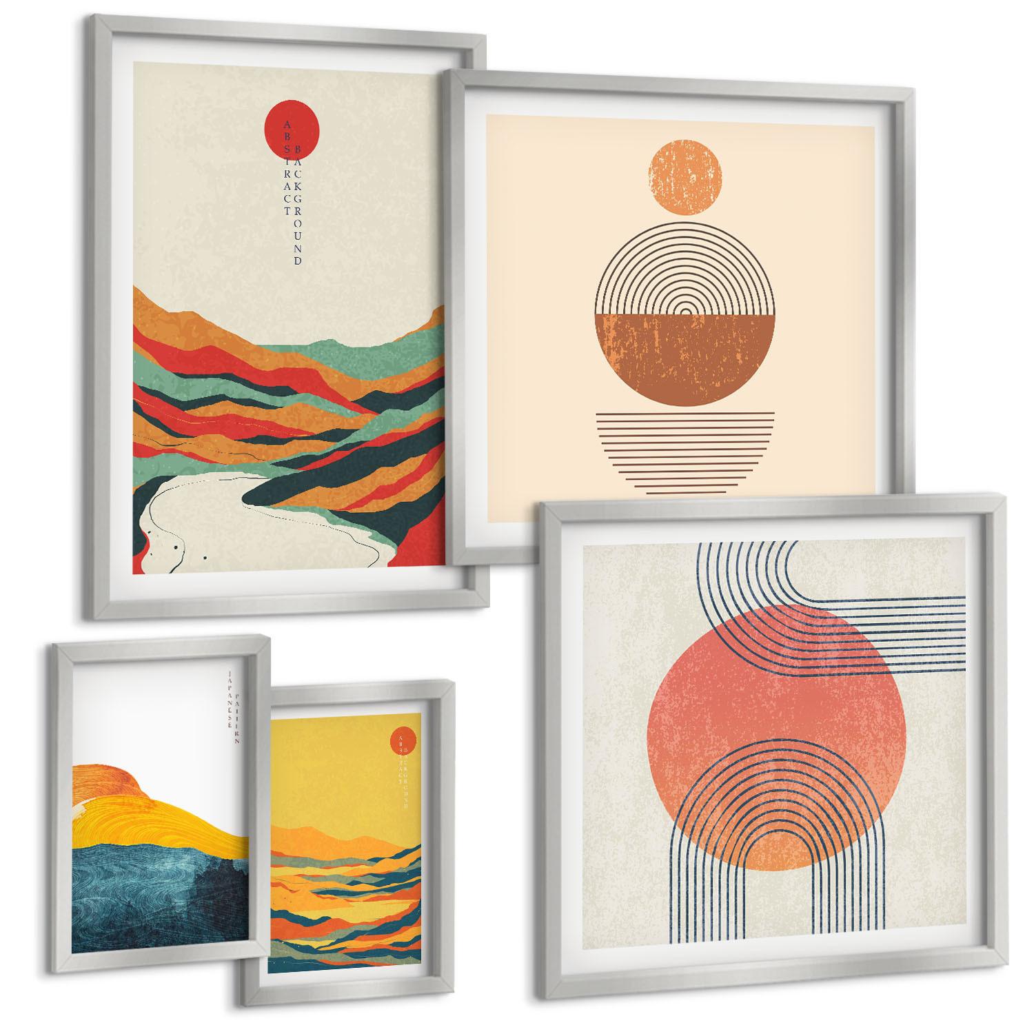 BILDER SET 5er Set - 50x50 cm & 20x30 cm & 40x60 cm Silberner Rahmen - Abstrakte Berglandschaften - Silberfarben, Kunststoff (40/60cm) - TULUP