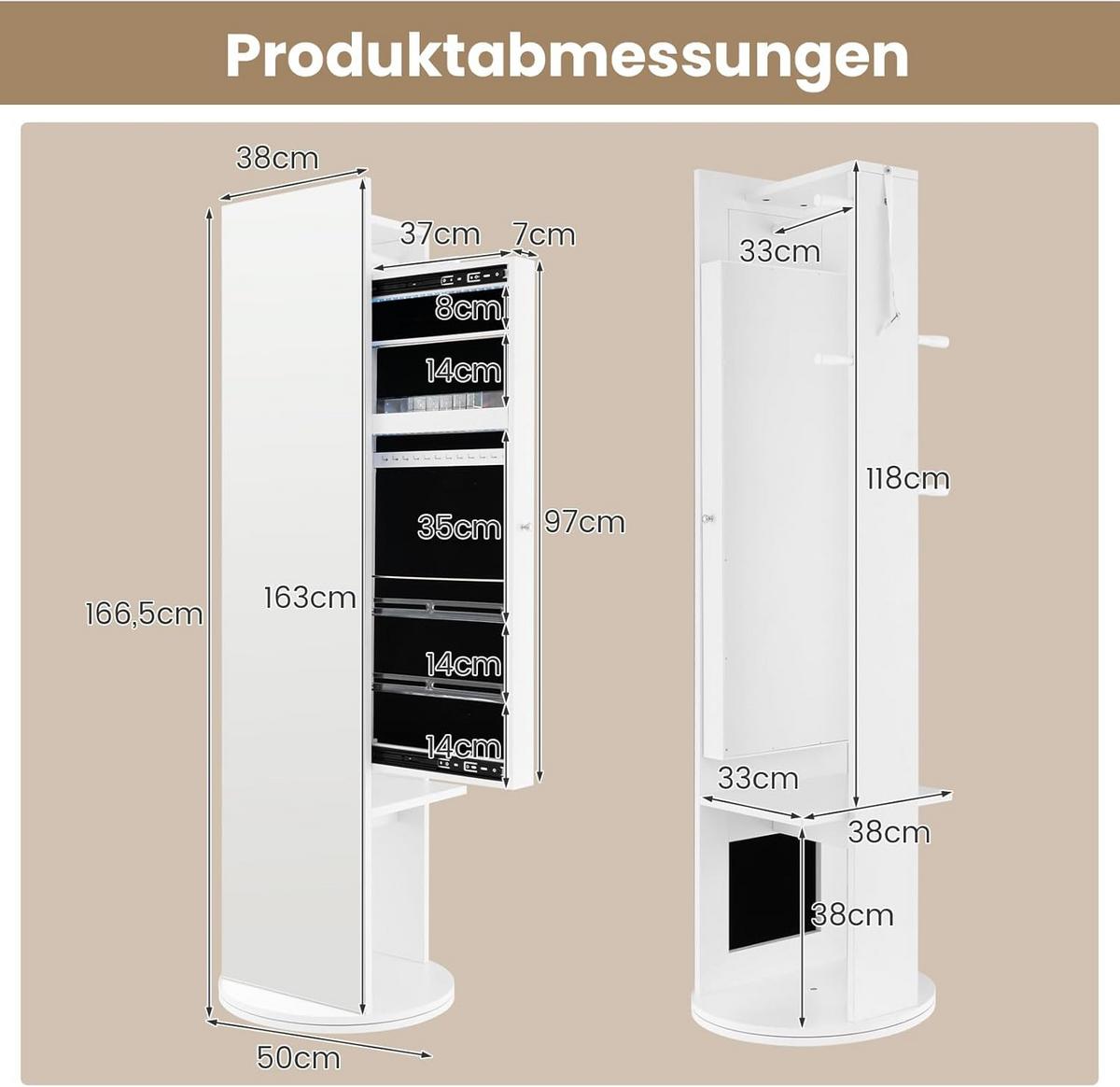 SCHMUCKSCHRANK 167cm Weiß - Weiß, Holz (50/167/50cm) - COSTWAY