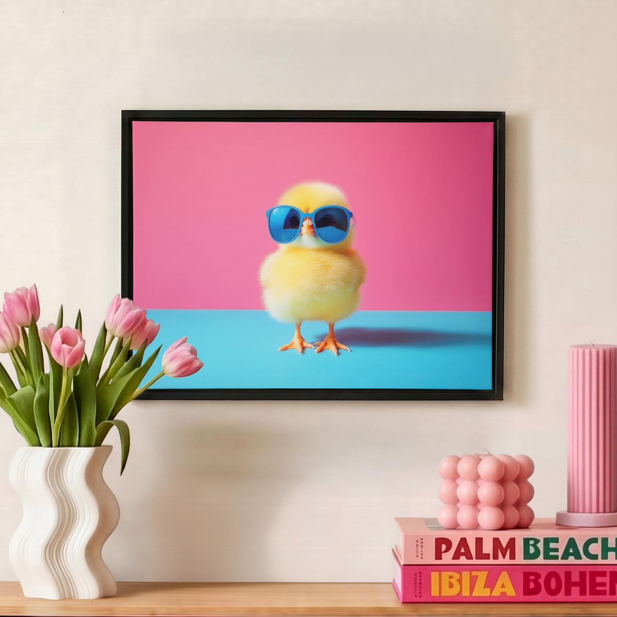 LEINWAND Bilder mit Rahmen - Chick - Sonnenbrille - Blau - 40x30 - Pink, Textil (40/30cm) - MuchoWow