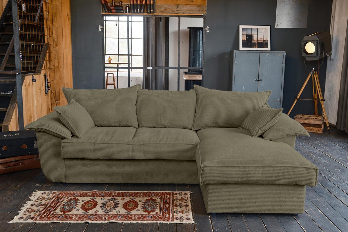 ECKSOFA DAMETO Grün Cord Mit Schlaffunktion - Schwarz/Olivgrün, Kunststoff/Textil (266/174cm) - KAWOLA