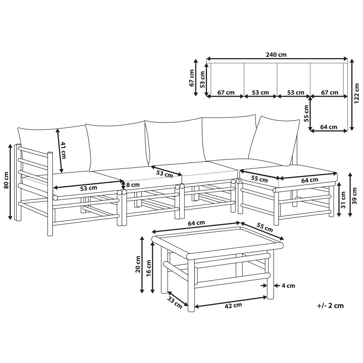 LOUNGE SET 5-Sitzer Bambusholz hellbraun 3-teilig Auflagen cremeweiß Cerreto - Creme, Holz - Beliani