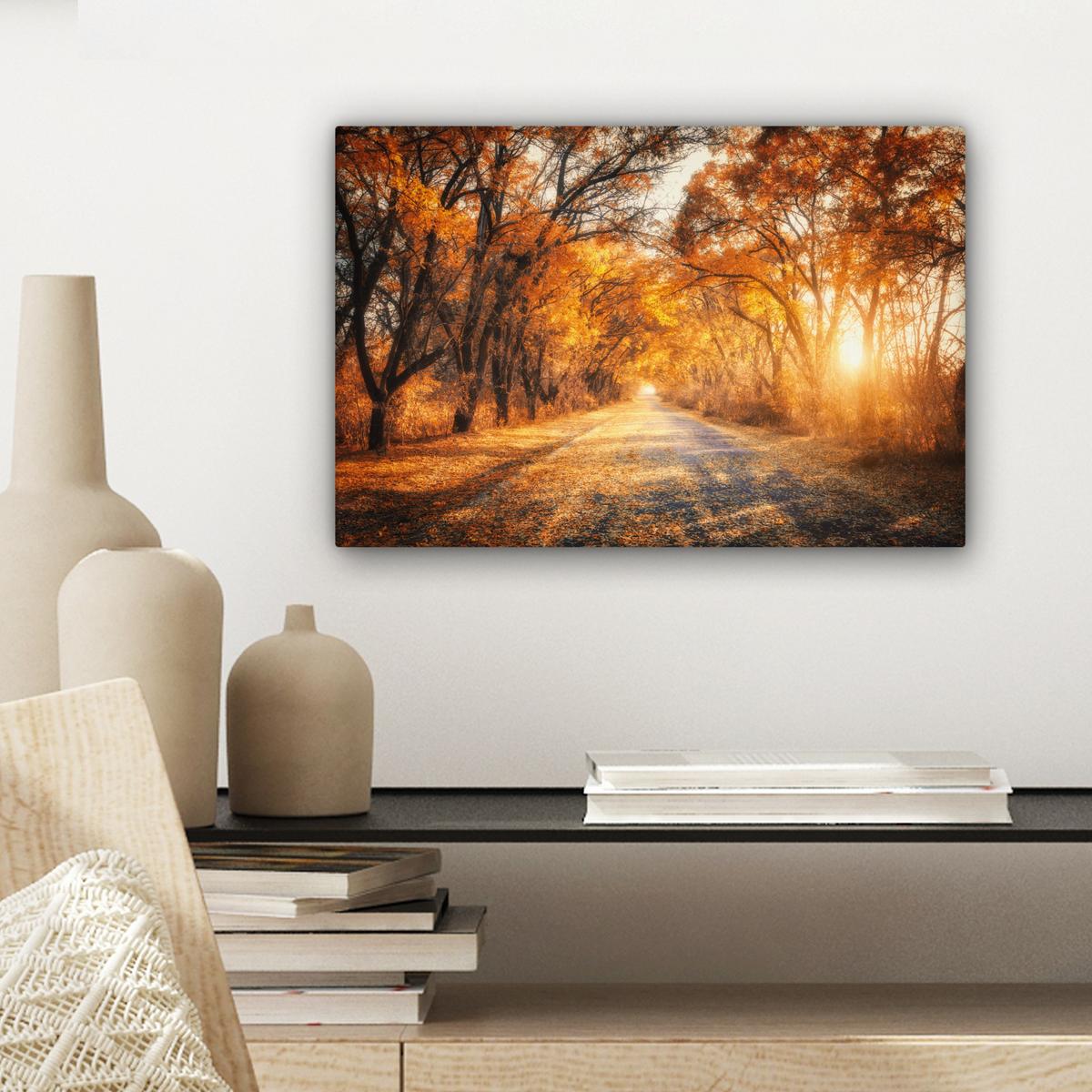 LEINWANDBILD Wald - Herbst - Bäume - Waldweg - Natur Deko Schlafzimmer 30x20 cm - Bernsteinfarben, Textil (30/20cm) - MuchoWow