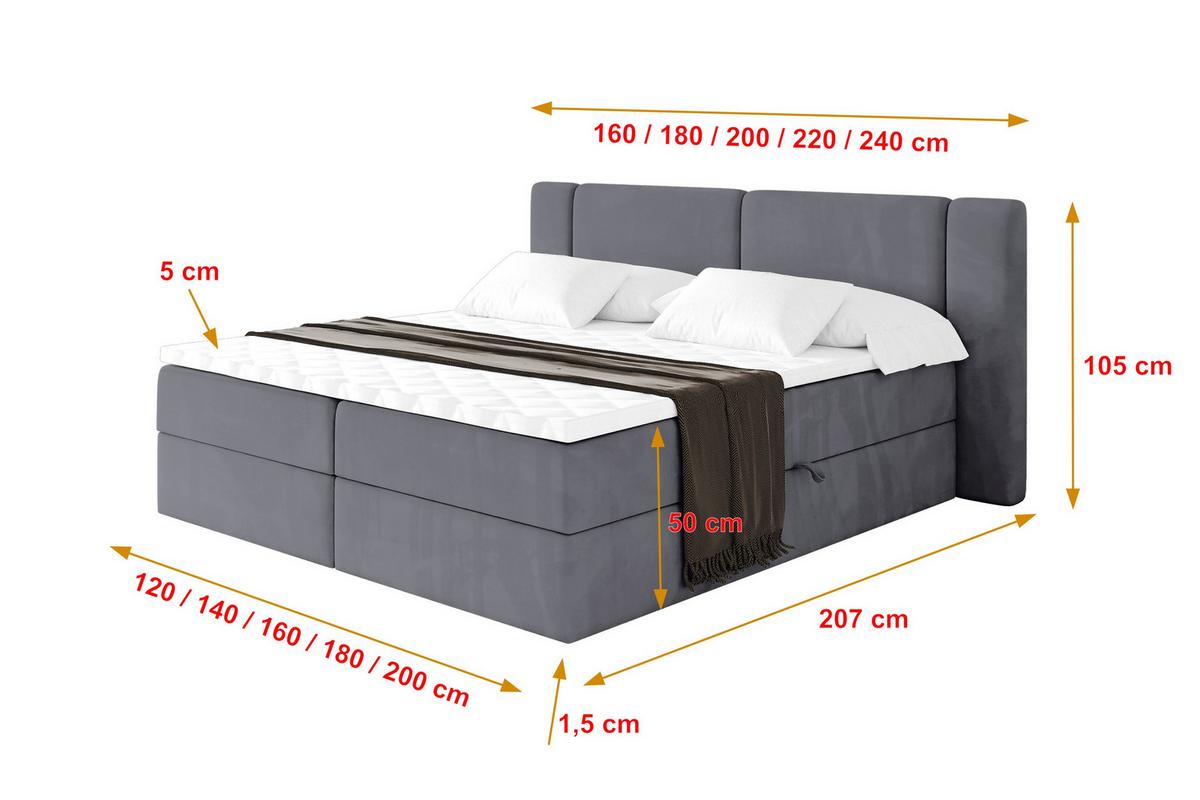 BOXBETT mit Matratze H3 - EVON - 180x200 cm Dunkelgrau - Dunkelgrau, Holzwerkstoff (180/200cm) - ALTDECOR