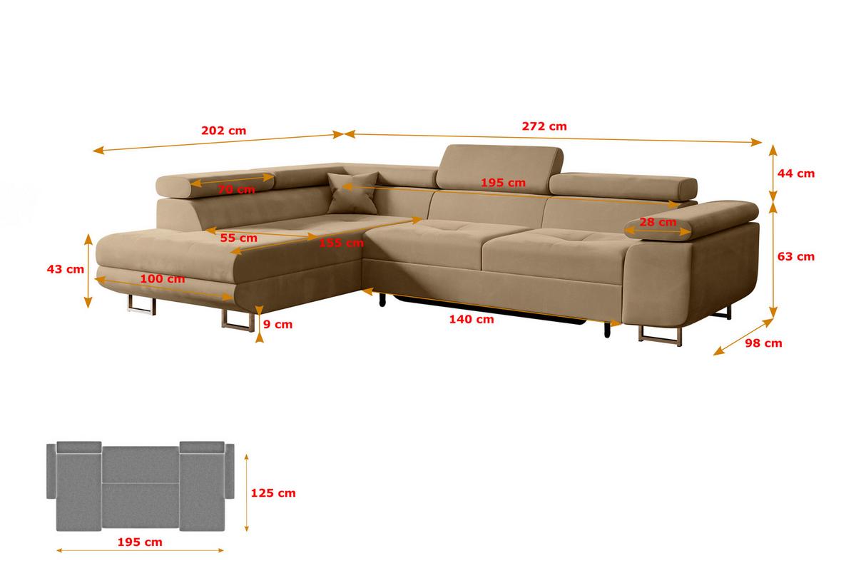 ECKSOFA mit Schlaffunktion und Bettkasten GUSA-L 272x202x107 cm Beige Velours - Beige/Silberfarben, Holzwerkstoff/Textil (202/272cm) - ALTDECOR