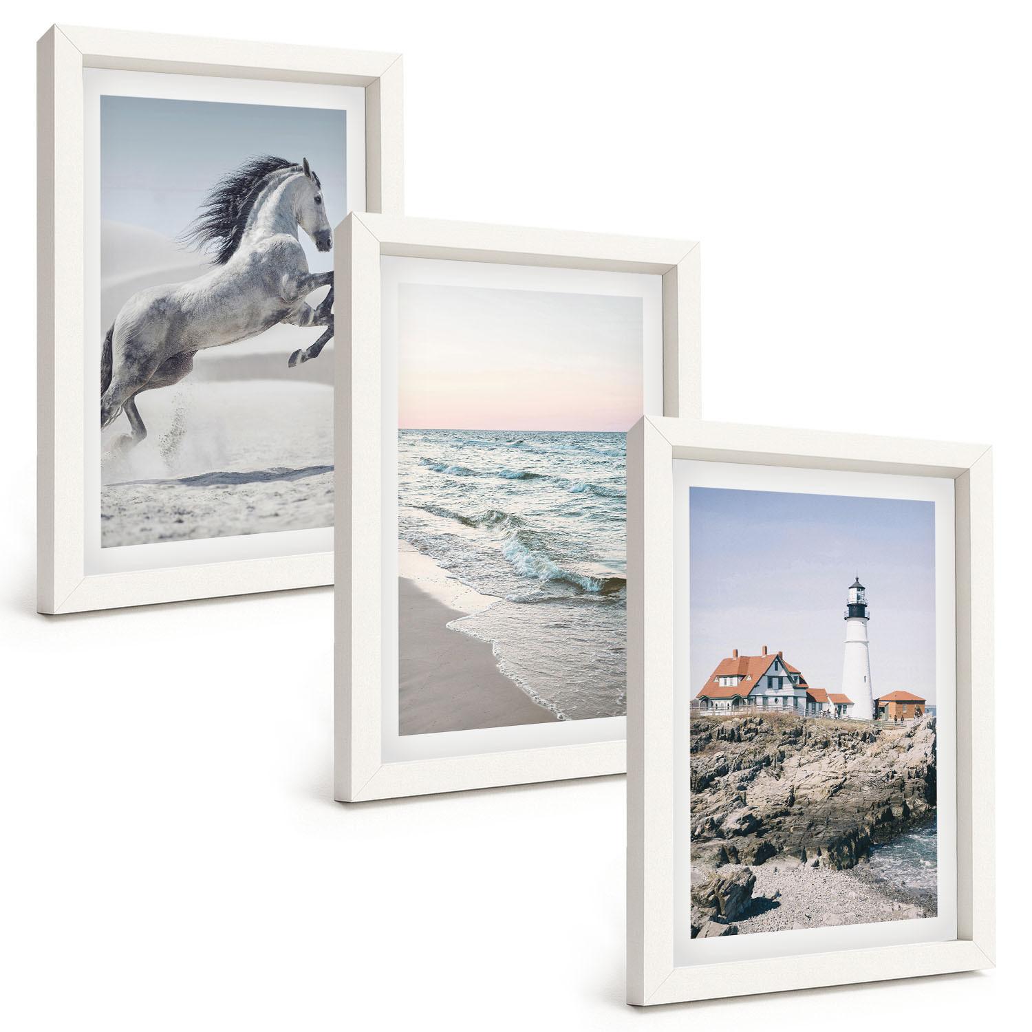 BILDER SET 3er Set - 20x30 cm Weißer Rahmen - Pferde, Strand, Leuchtturm, Wellen - Weiß, Kunststoff (20/30cm) - TULUP