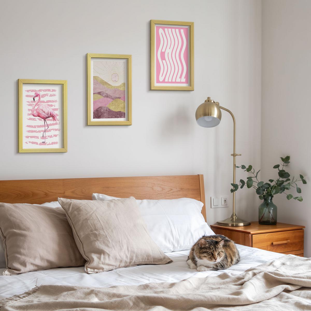 BILDER SET 3er Set - 20x30 cm Goldrahmen - Pastelllandschaft mit rosa Flamingos - Goldfarben, Kunststoff (20/30cm) - TULUP