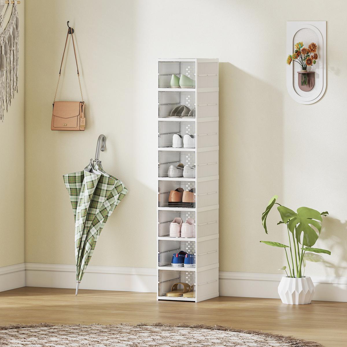 SCHUHBOXEN Stapelbare, Faltbar 8 Stück Schuh-Organizer mit Transparenten Türen - Weiß, Kunststoff (26/140/35cm) - HOMCOM