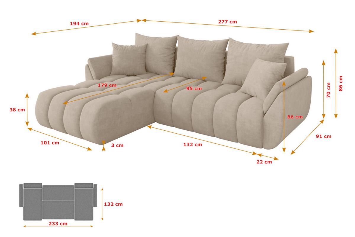 ECKSOFA mit Schlaffunktion Ottomane Links TOKO-L-v1 277x194x86 Beige Velours - Schwarz/Sahara, Holzwerkstoff/Kunststoff (277/194cm) - ALTDECOR