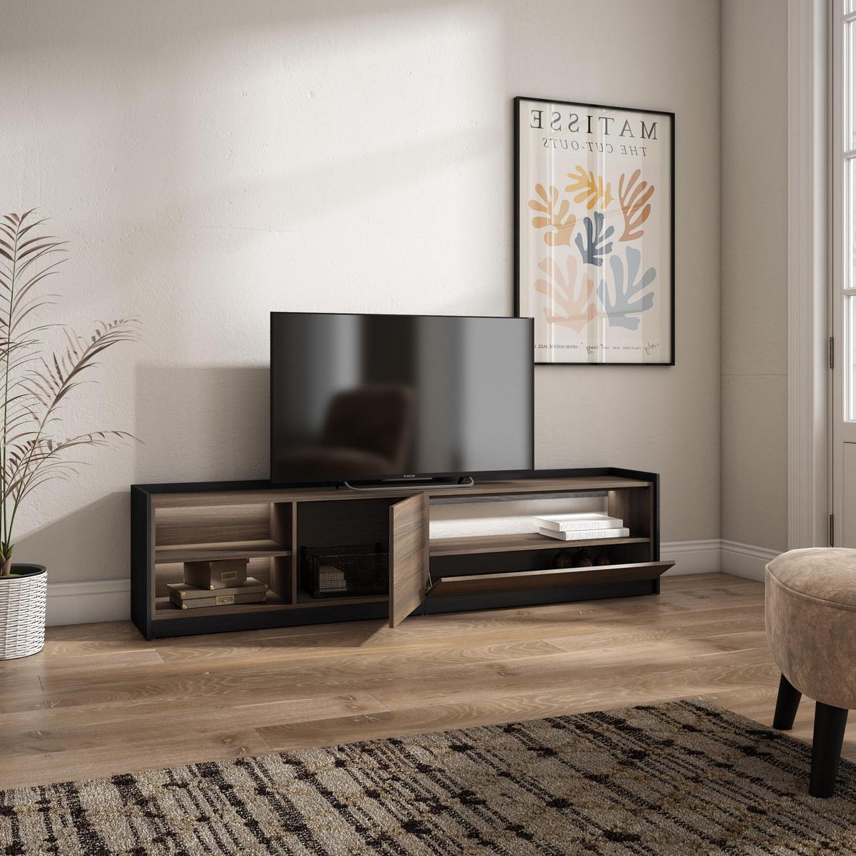 LOWBOARD, Dunkler Eiche und Schwarz, 207/37/50cm, mit Led - Dunkelbraun, Holzwerkstoff (207/50/37cm) - Skraut Home