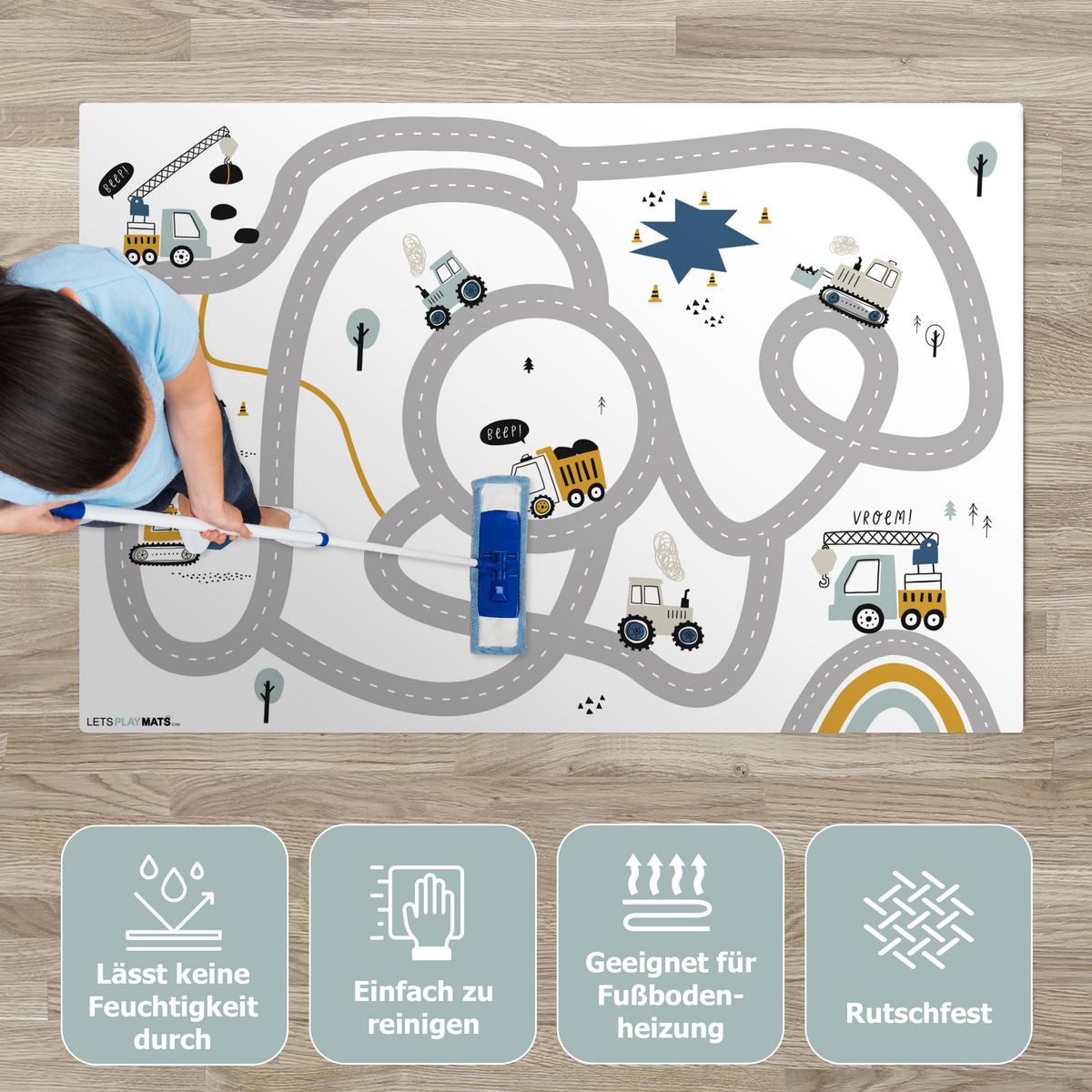 KINDERTEPPICH Baustelle - Bagger - Auto - Regenbogen - Design Spielmatte 135x90 cm - Weiß, Kunststoff (135/0.3cm) - OnlyWow