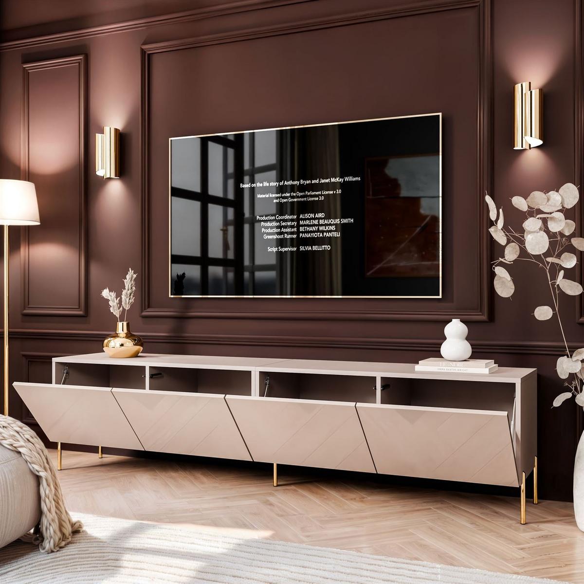 TV-SCHRANK COLGANTE 200 Kaschmir Hochglanz, ohne LED, Gerade goldene Füßen - Kaschmir/Goldfarben, Holzwerkstoff (200/50/40cm) - Lookway