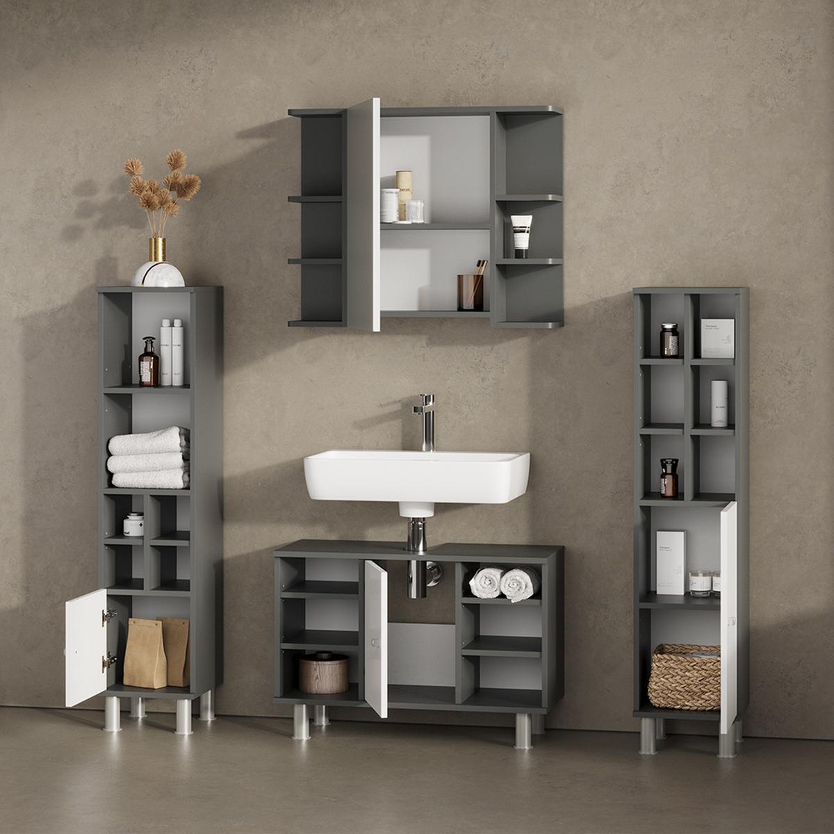 BADMÖBEL-SET Fucino Anthrazit 4 Teile, mit Midischränke - Anthrazit, Holzwerkstoff (80/54/32cm) - Livinity®