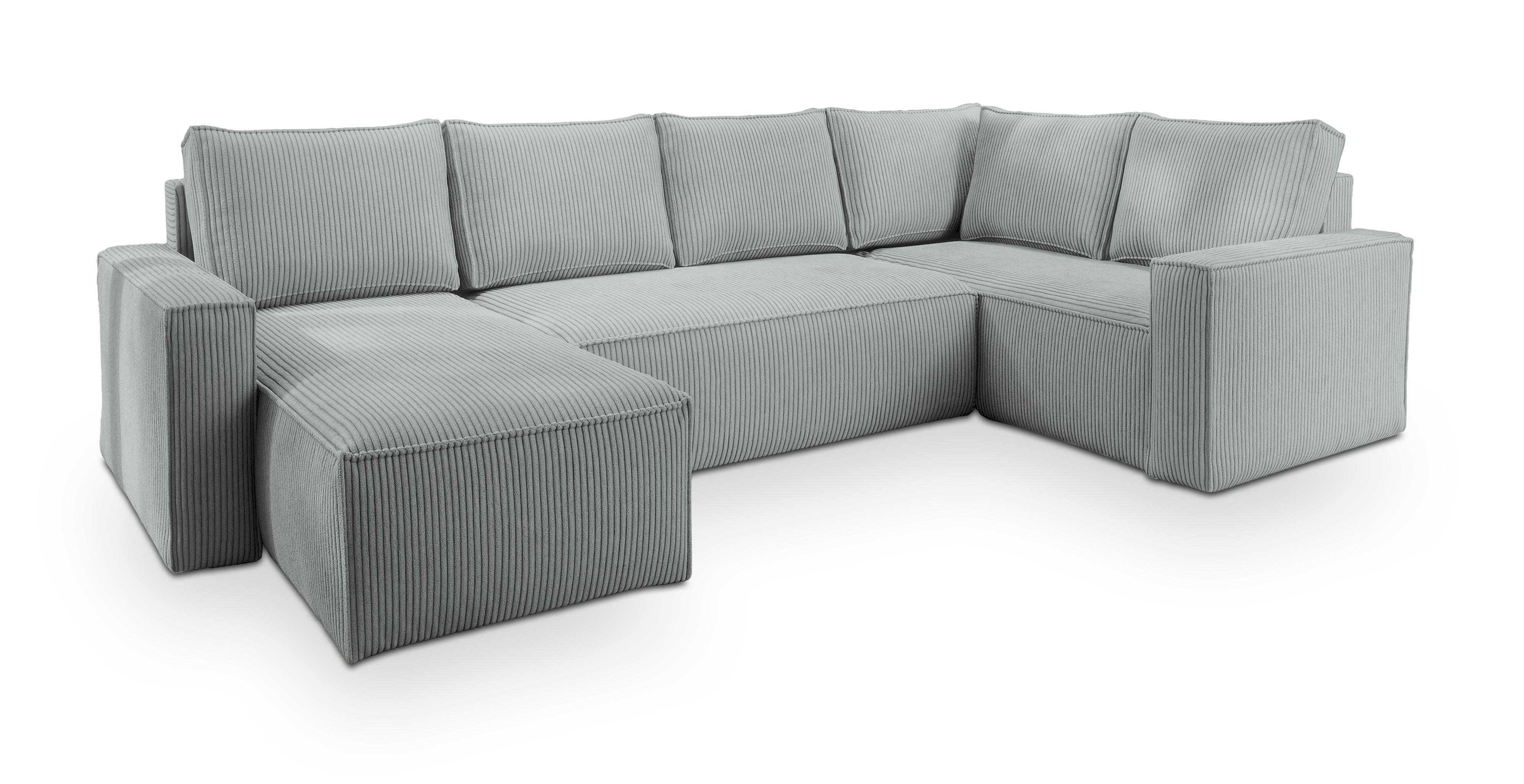 WOHNLANDSCHAFT NORENA R-S Hellgrau Kordstoff mit Schlaffunktion - Hellgrau, Holz (295/85/157.5cm) - MASSENO
