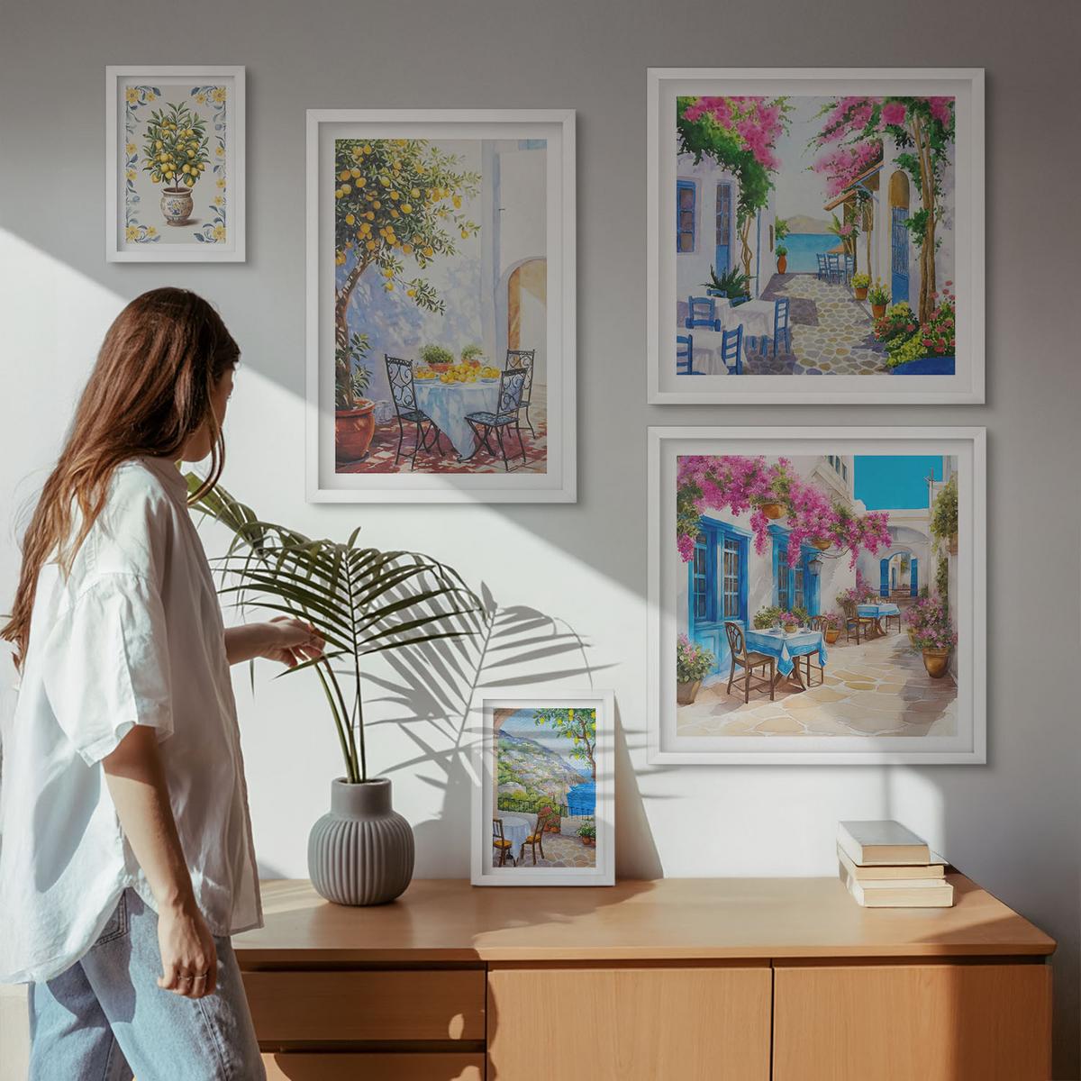 BILDER SET 5er Set - 50x50 cm & 20x30 cm & 40x60 cm Weißer Rahmen - Berglandschaften mit einem Fluss - Weiß, Kunststoff (40/60cm) - TULUP