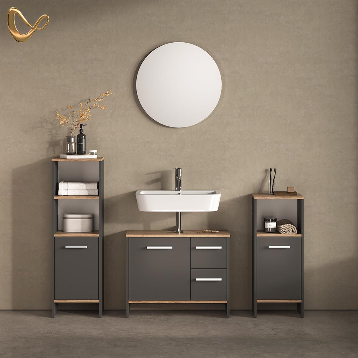 WASCHBECKENUNTERSCHRANK Amalfi Anthrazit/Goldkraft Eiche 70.2 x 57 cm mit 2 Schubladen und 1 Tür - Honigeiche/Anthrazit, Holzwerkstoff (70.2/57/27.9cm) - Livinity®