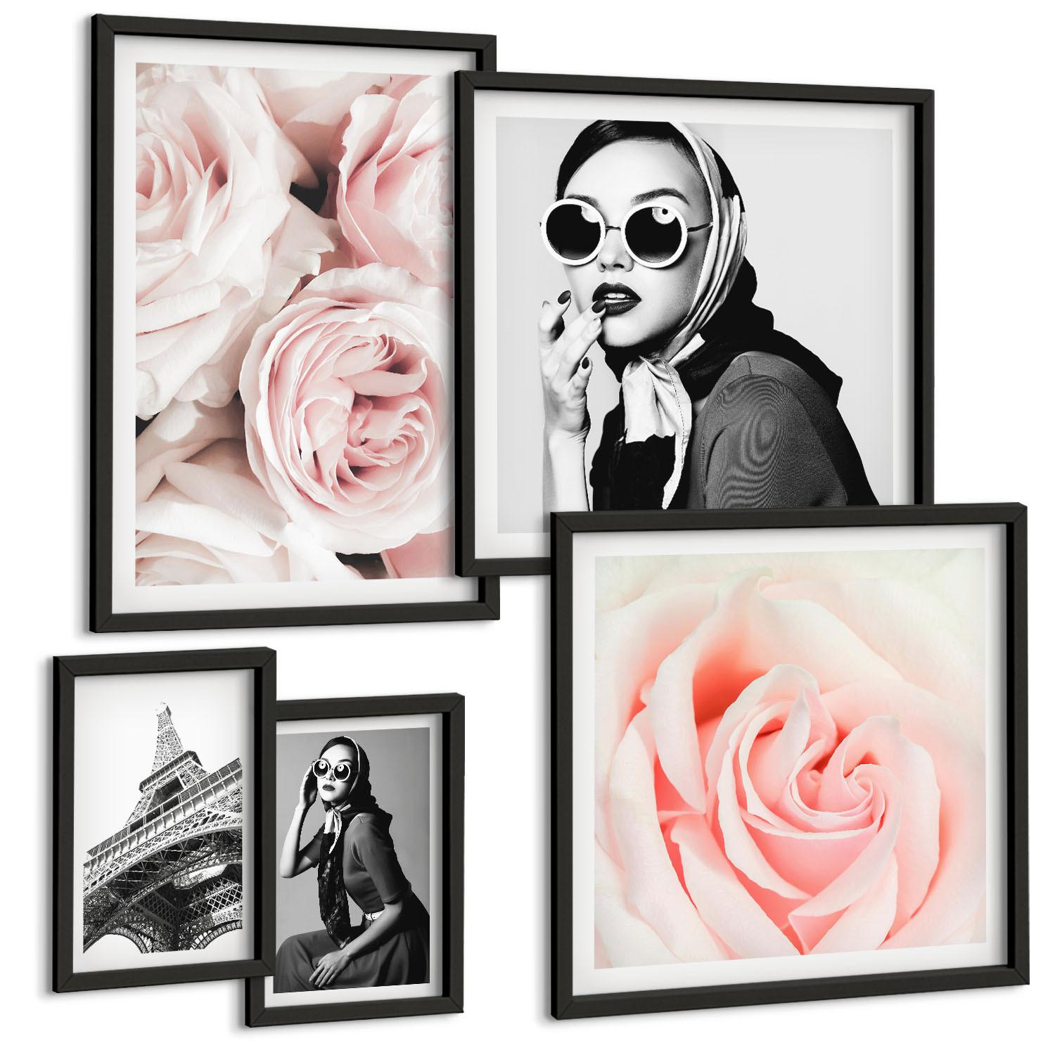 BILDER SET 5er Set - 50x50 cm & 20x30 cm & 40x60 cm Schwarzer Rahmen - Blumen, Pfingstrosen, Rosen, Eleganz - Schwarz, Kunststoff (40/60cm) - TULUP