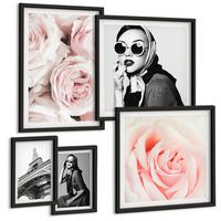 BILDER SET 5er Set - 50x50 cm & 20x30 cm & 40x60 cm Schwarzer Rahmen - Blumen, Pfingstrosen, Rosen, Eleganz - Schwarz, Kunststoff (40/60cm) - TULUP