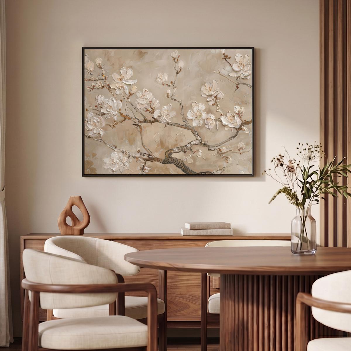 LEINWAND Bilder mit Rahmen - Blumen - Modern - Beige - Weiß - Blüte - 100x70 - Beige, Textil (100/70cm) - MuchoWow