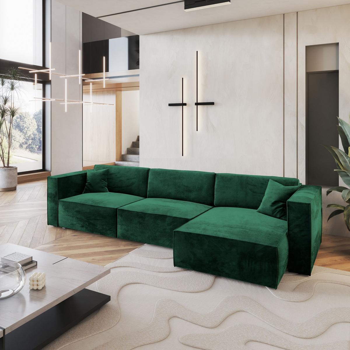 ECKSOFA TOLMO M Grün Velours-Stoff mit Schlaffunktion - Grau/Grün, Holz/Kunststoff (347/148cm) - MASSENO