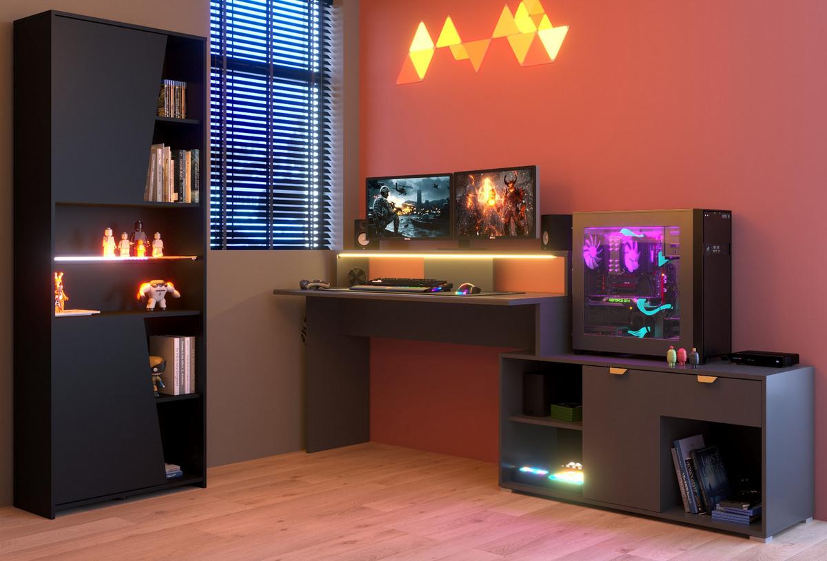 SCHREIBTISCHKOMBINATION schwarz, grau, Set Gamingtisch und Regal inkl. LED mit Farbwechsel - Schwarz/Grau, Holzwerkstoff/Kunststoff (180/229/95cm) - Parisot Meuble