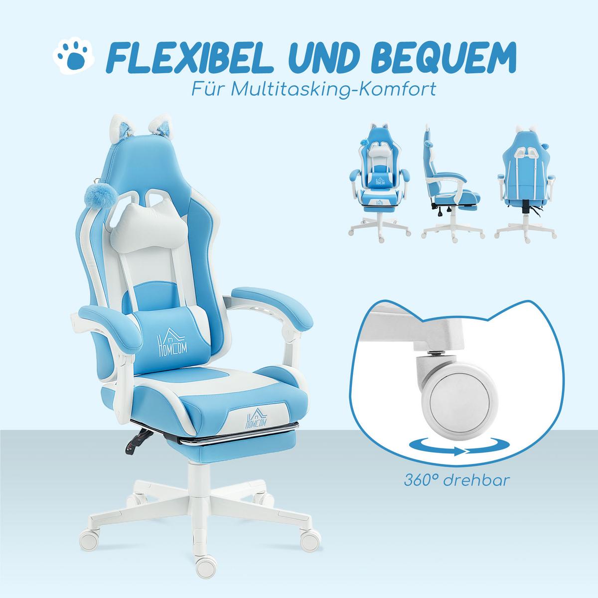 GAMING-STUHL Kunstleder Hellblau - Blau/Weiß, Kunststoff (62/124/65cm) - HOMCOM