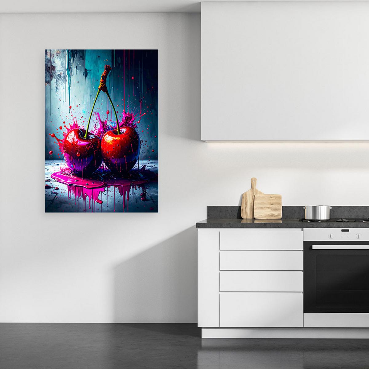 LEINWANDBILD Graffiti Kirschen Obst 60x90cm - Rot, Textil (60/90cm) - Feeby