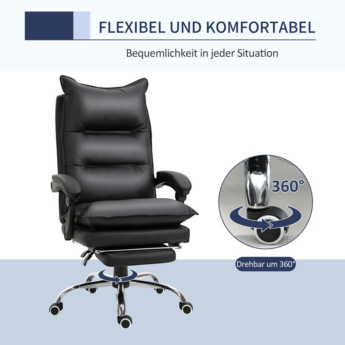 BÜROSTUHL mit Fußstütze Schreibtischstuhl Rückenlehne Kunstleder Schwarz - Schwarz, Kunststoff (72/130/66cm) - Vinsetto