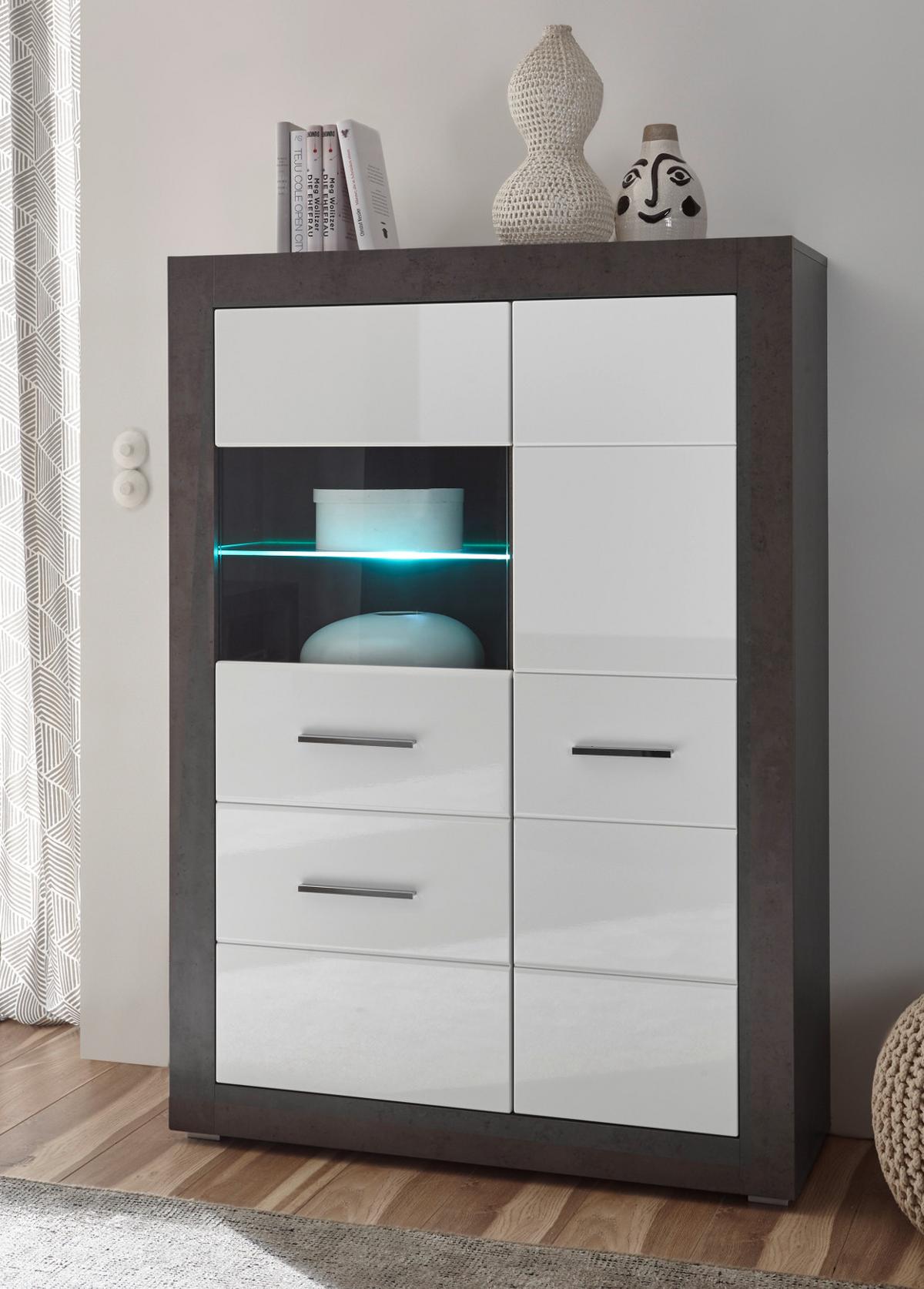 VITRINE weiß Hochglanz, grau Stone 100 cm, Vitrinenschrank 3-türig - Chromfarben/Weiß Hochglanz, Glas/Holzwerkstoff (100/142/35cm) - Furn.Design