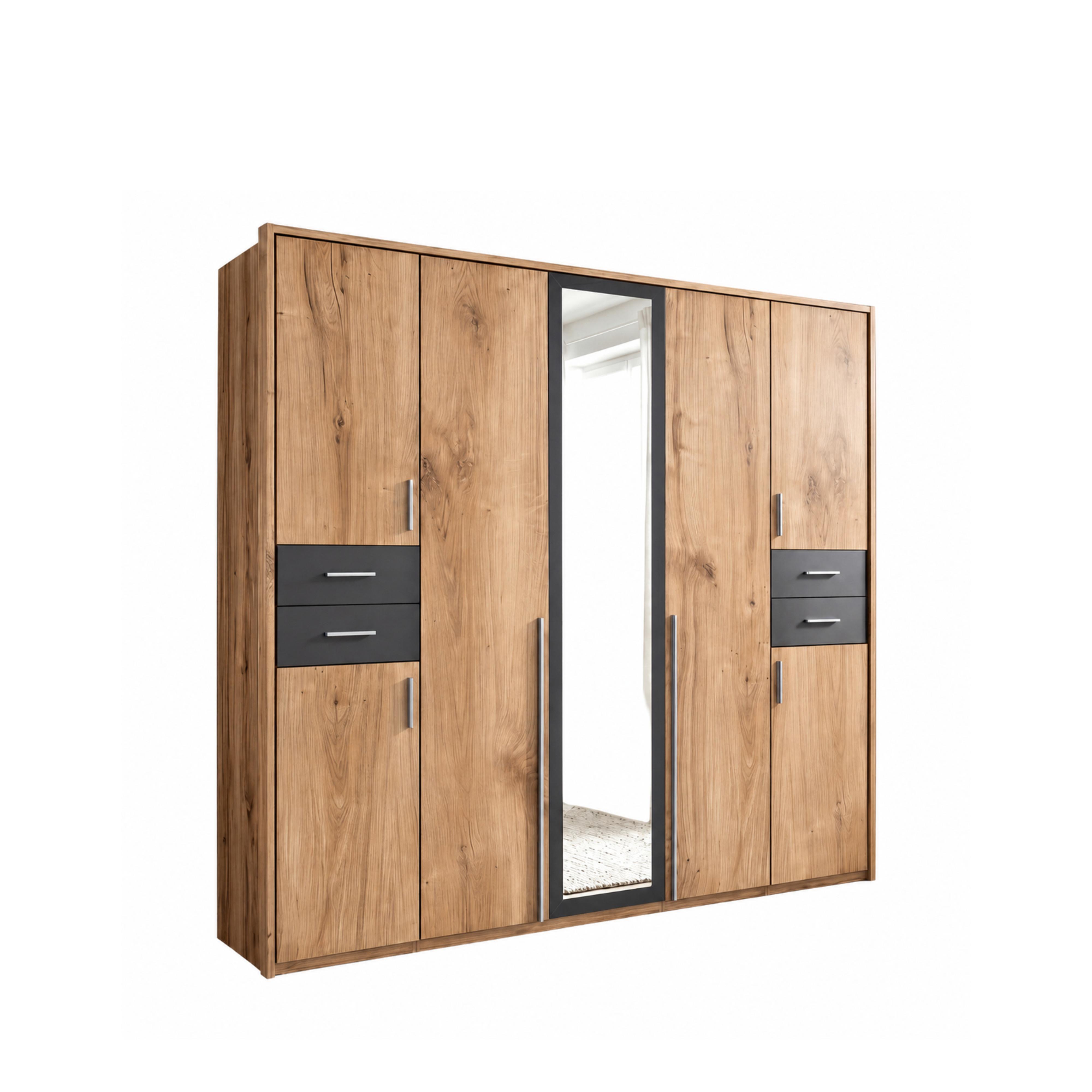 DREHTÜRENSCHRANK B228/H210/T58 cm in Eiche Dekor mit Absetzungen in Grafit, Kleiderschrank mit Passepartout & 1 Spiegeltür & Schubkästen / 22570 - Eichefarben/Silberfarben, Holzwerkstoff/Kunststoff (228/210/58cm) - luma-home