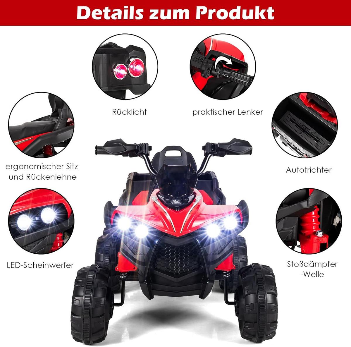 KINDERQUAD 12V Elektro Rot - Rot, Kunststoff (129/72/69cm) - COSTWAY