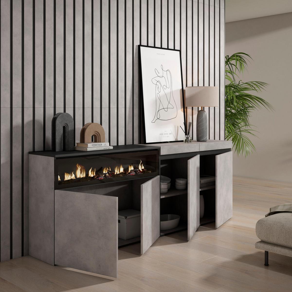 SIDEBOARD Elektrokamin, zementgrau, 200/35/75cm - Schwarz/Grau, Holzwerkstoff (200/75/35cm) - Skraut Home