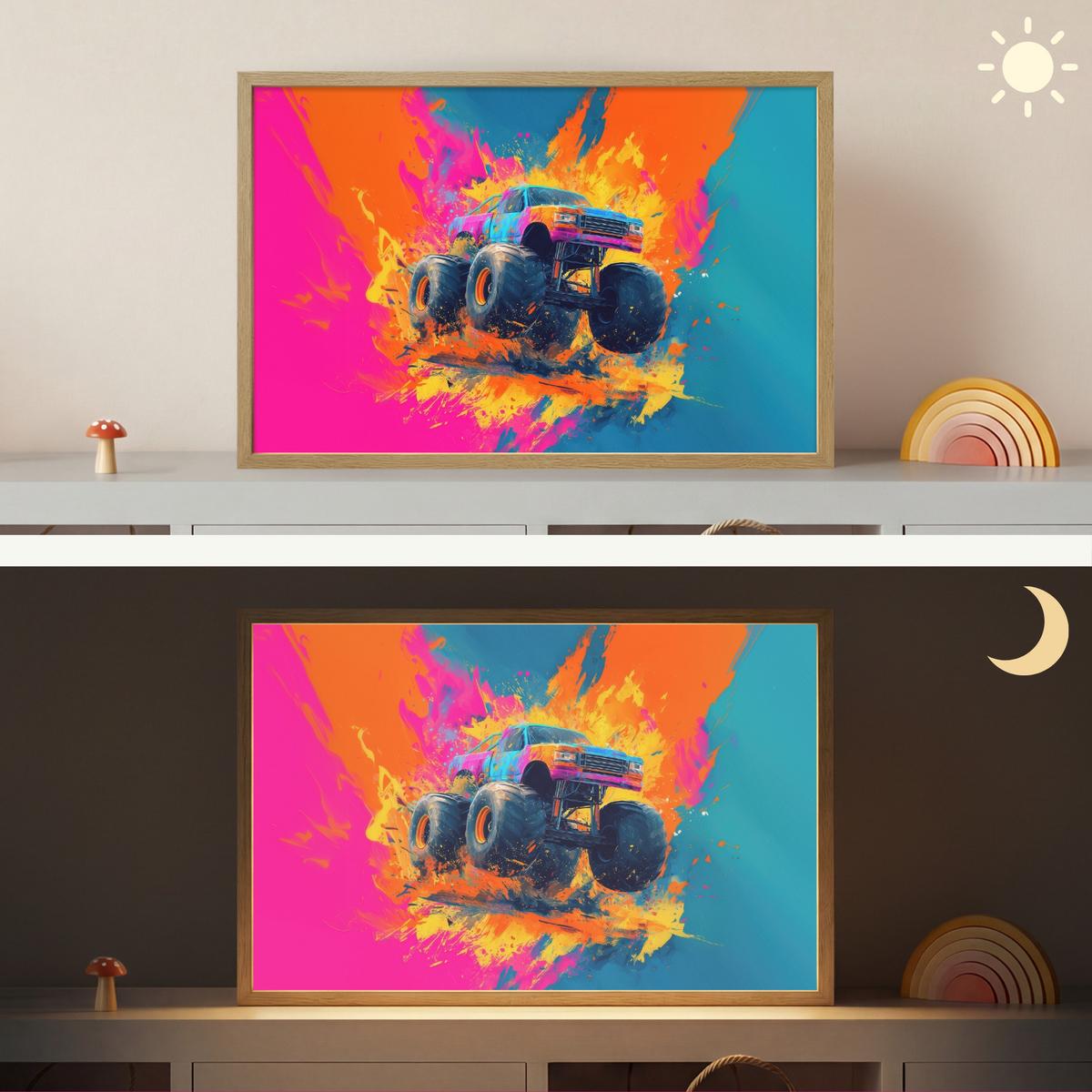 WANDLEUCHTE MIT AKKU Monstertruck - Abstrakt - Farbspritzer - Farbenfroh 60x40 cm - Pink, Holzwerkstoff (60/40/8cm) - OnlyWow